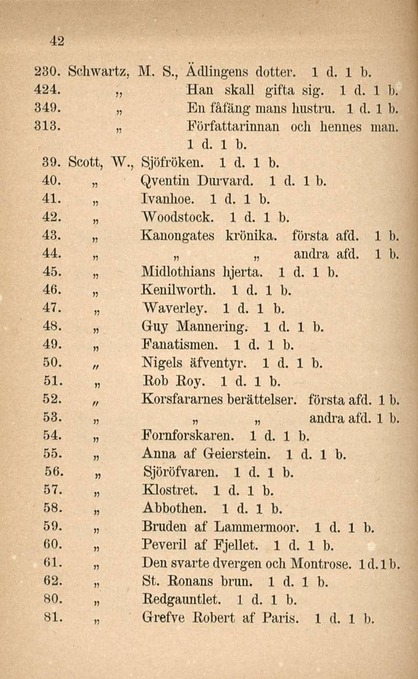 42 230. Schwartz, M. S., Ädlingens dotter. 424. Han skall gifta sig. 349. En fåfäng mans hustru. 313. Författarinnan och kennes man. 39. Scott, W., Sjöfröken. 40. Qventiu Durvard. 1 d. Ib. 41.