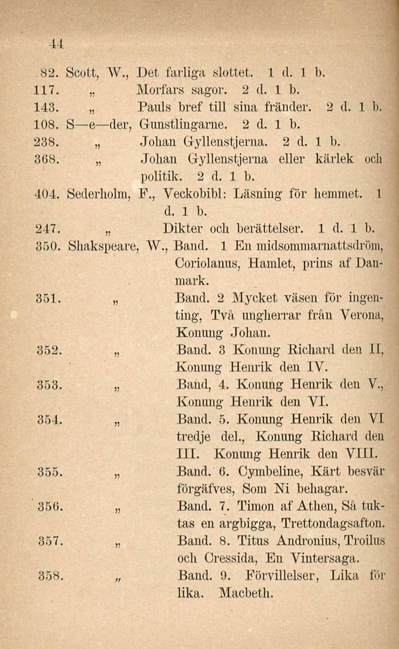 44 82. Scott, W., Det farliga slottet. L d. 1 b. 117. Morfars sagor. 2 d. 1 b. 143. Paul s bref tili siua fränder. 2 d. 1 b. 108. S e der, Gunstlingarne. 2 d. 1 b. 238. Johan Gyllenstjerna. 2 d. 1 b. 868.