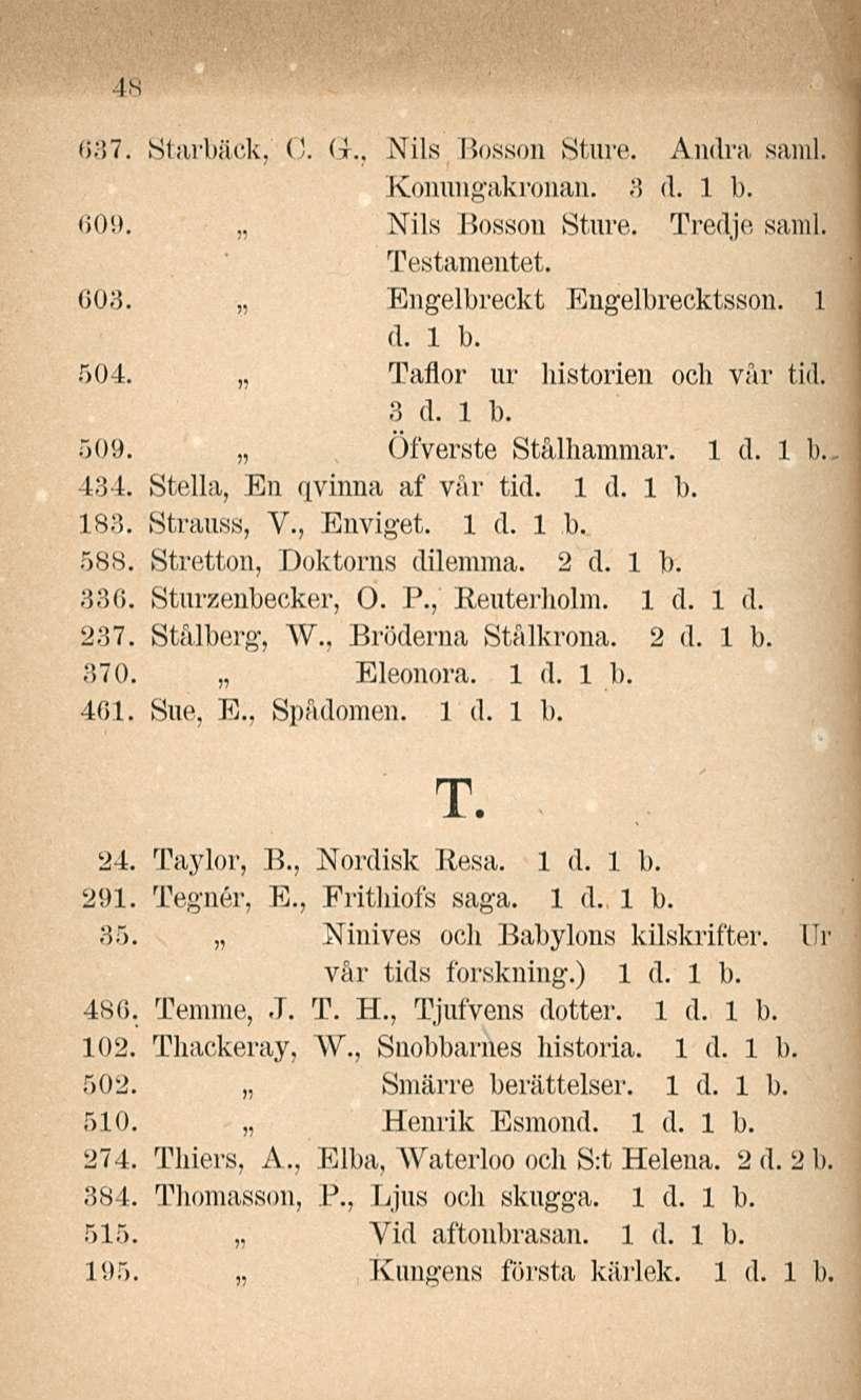 4S 637. Starbäck, C. Gk, Nils Bosson Sture. Andra saral. Konungakronan. 8 d. 1 b. 609. Nils Bosson Sture. Tredje, sanil. Testamentet. GO3. Engelbreckt Engelbrecktsson. 1 d. 1 b. 504.