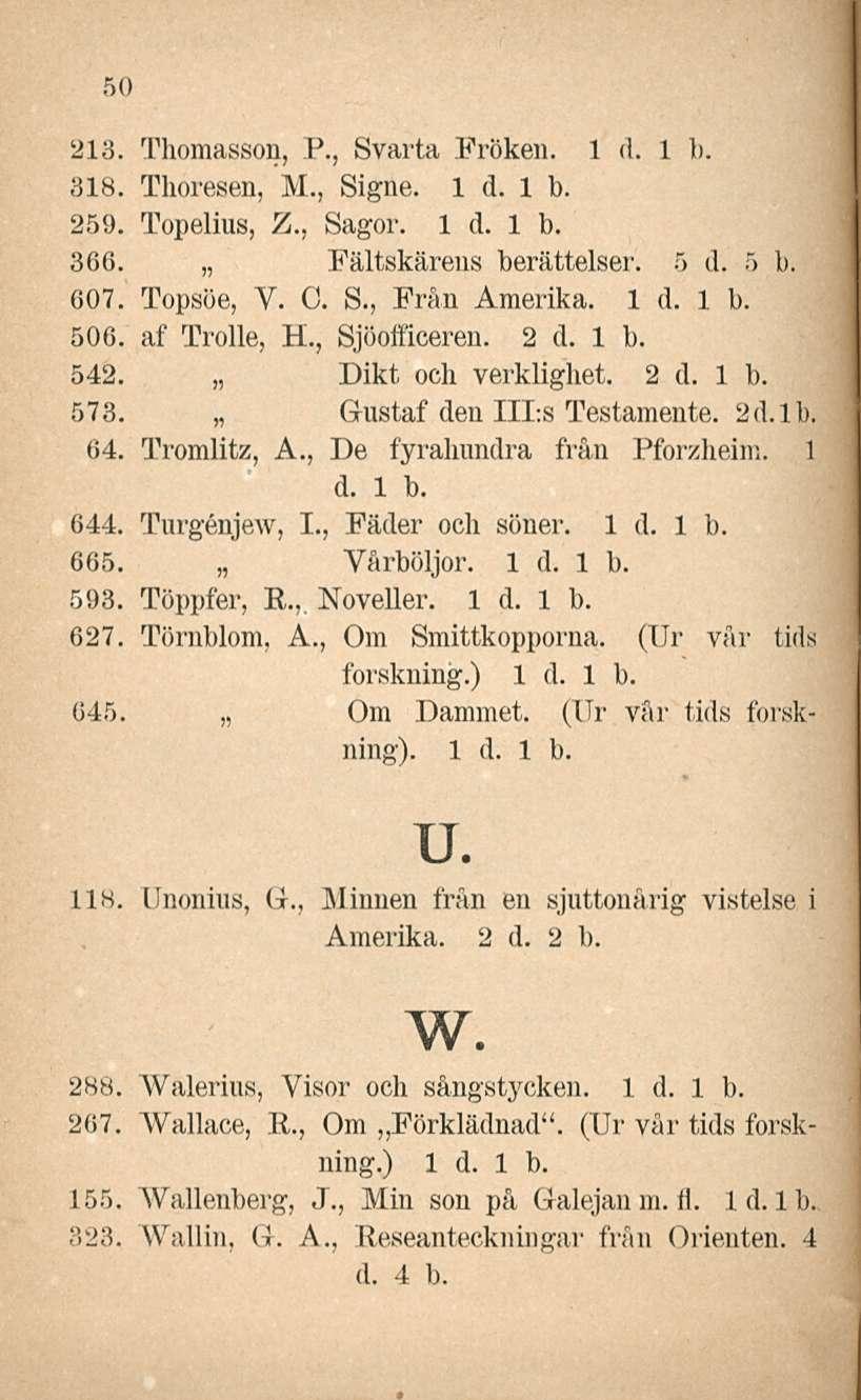 50 '213. Thomasson, P., Svarta Froken. 318. Thoresen, M., Signe, l d. Ib. 259. Topelius, Z., Sagor. 366. Fältskärens berättelser. 5 d. 5 b. 607. Topsöe, V. O. S., Från Amerika. 506. af Trolle, H.