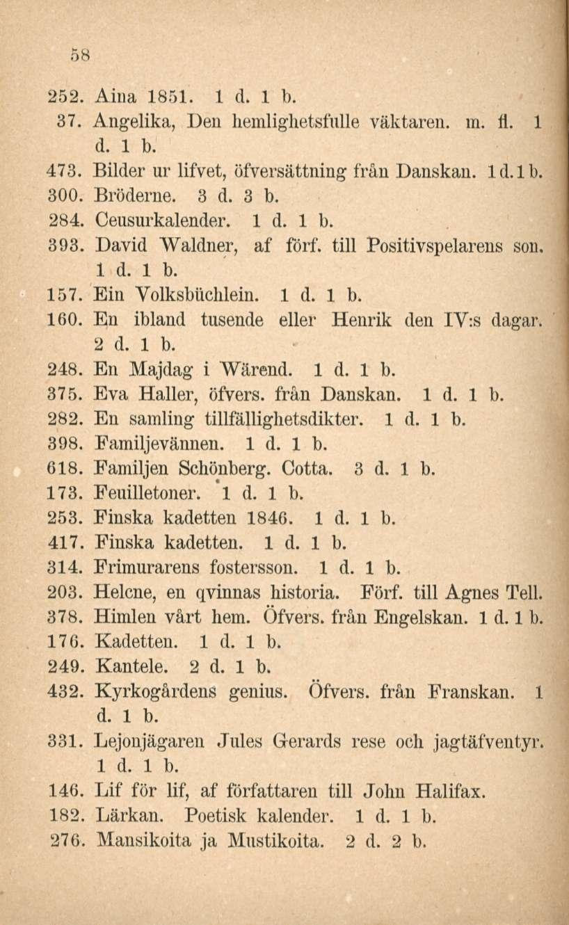 58 252. Aina 1851. 37. Angelika, Den hemlighetsfulle väktaren. m. fl. 1 d. 1 b. 473. Bilder ur lifvet, öfversättning från Danskan. Id.lb. 300. Bröderne. 3 d. 3 b. 284. Ceusurkalender. 393.