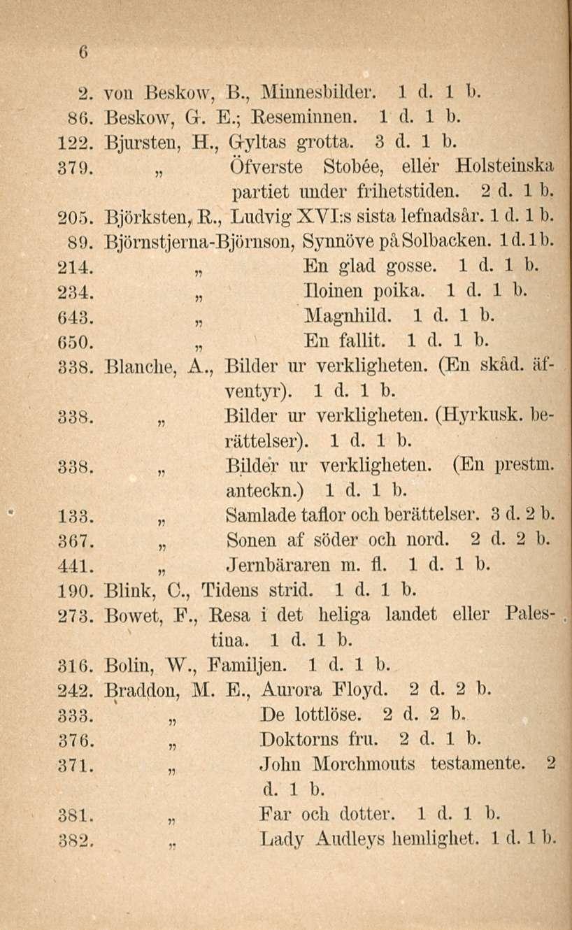 6 2. von Beskow, I>., Minnesbilder. 86. Beskow, G. E.; Reseminnen. 122. Bjursten, H., Gyltas grotta. 3 d. 1 b. 379. Öfverste Stobee, eller Holsteinska partiet under frihetstiden. 2d. Ib. 205.