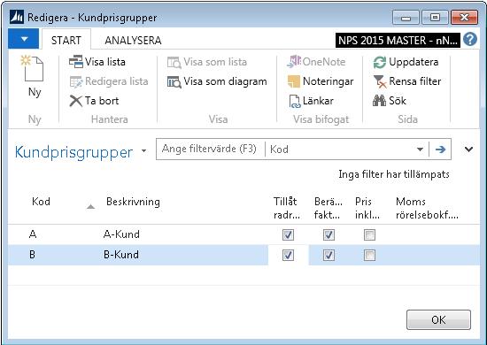 2.4 Kundprisgrupper Kundprisgrupper används för att definiera olika prislistor mot kunden.