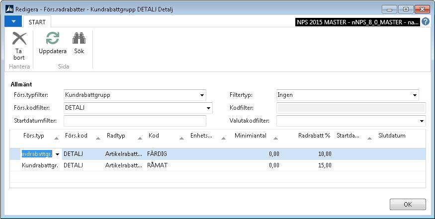 I huvudet sätts automatiskt filter på den Kundrabattgrupp som du stod på när fönstret öppnades. Lägg sedan in rabatterna på raderna enligt fältförklaringen. Fältförklaring: Förs.typ Förs.