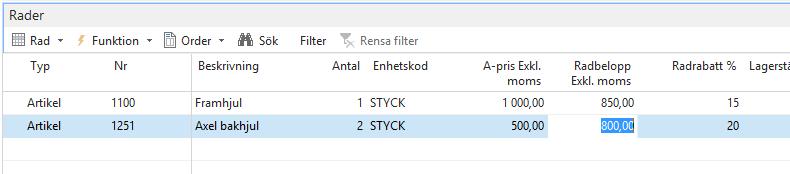 Fältförklaring offertrader: Radtyp Nr Beskrivning Antal Enhet A-pris exkl. Moms Radbelopp exkl. Moms Välj mellan alternativen Redov.konto, artikel, resurs etc.