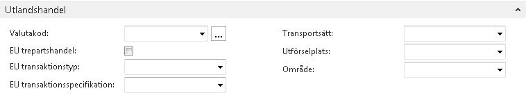 Fältförklaring fliken Utlandshandel: Valutakod Lämnas blankt om du skall skicka fakturan i svenska kronor. Om annan valuta skall användas välj den här.