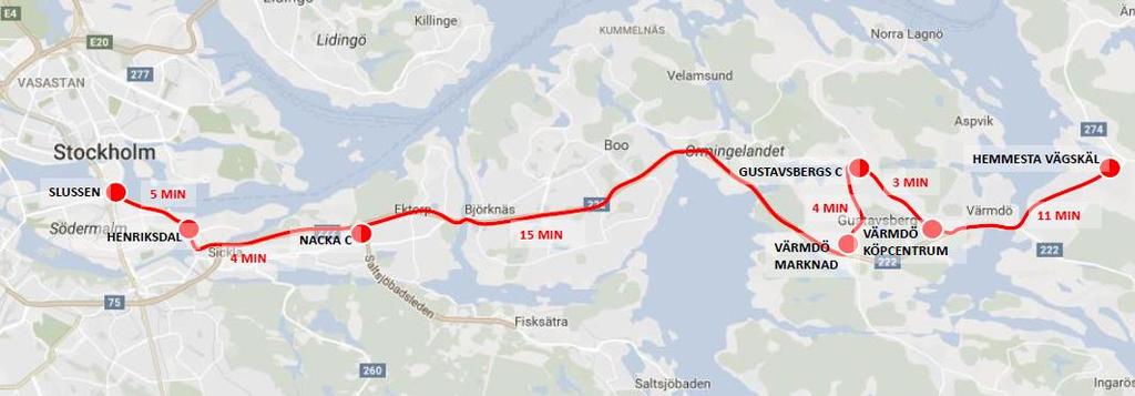 Norra Sköndal och cirka 18 minuter i riktning mot Solna C under morgonens högtrafik.