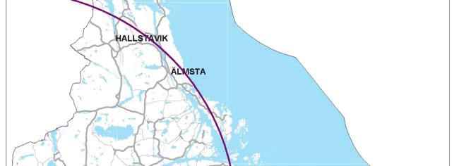 Figur 6.8 Kartan visar en radie av 55 km från Arlanda. Detta är ett exempel på hur den s.k. MSA-ytan kan se ut (Luftfartsverket har aktuella MSA-ytor för samtliga instrumentflygplatser).