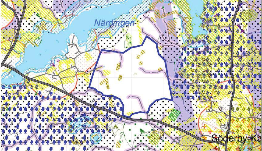 3. Områdets namn: Närdingen Storlek: 360 ha Beskrivning enligt infraröd flygbild: Barrskog dominerar Ev.