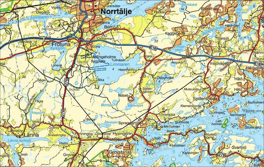 Figur 6.25 Ledningsnätet för 220 kv och 70 kv ledningar sydöst om Norrtälje stad. Figur 6.