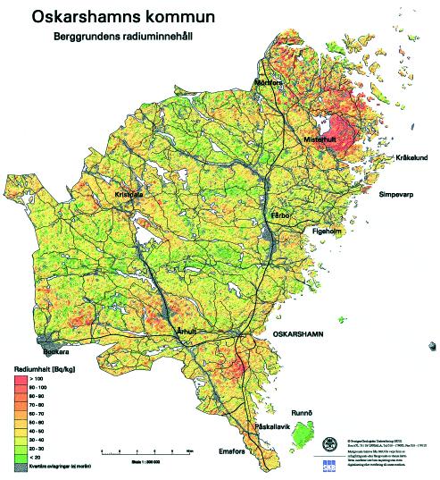 Figur 6-10. Berggrundens radiuminnehåll i Oskarshamns kommun. 6.4.