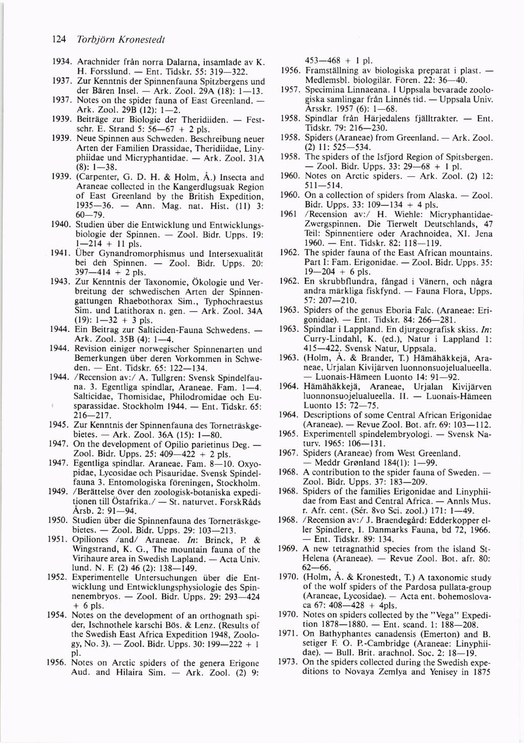 124 TorbjArn Kronestedl 1934. Arachnider fran norra Dalarna, insamlade av K. H. Forsslund. Enr. Tidskr. 55:319 322. 1937. Zur Kenntnis der Spinnenfauna Spitzbergens und der Baren Insel. Ark. Zool.