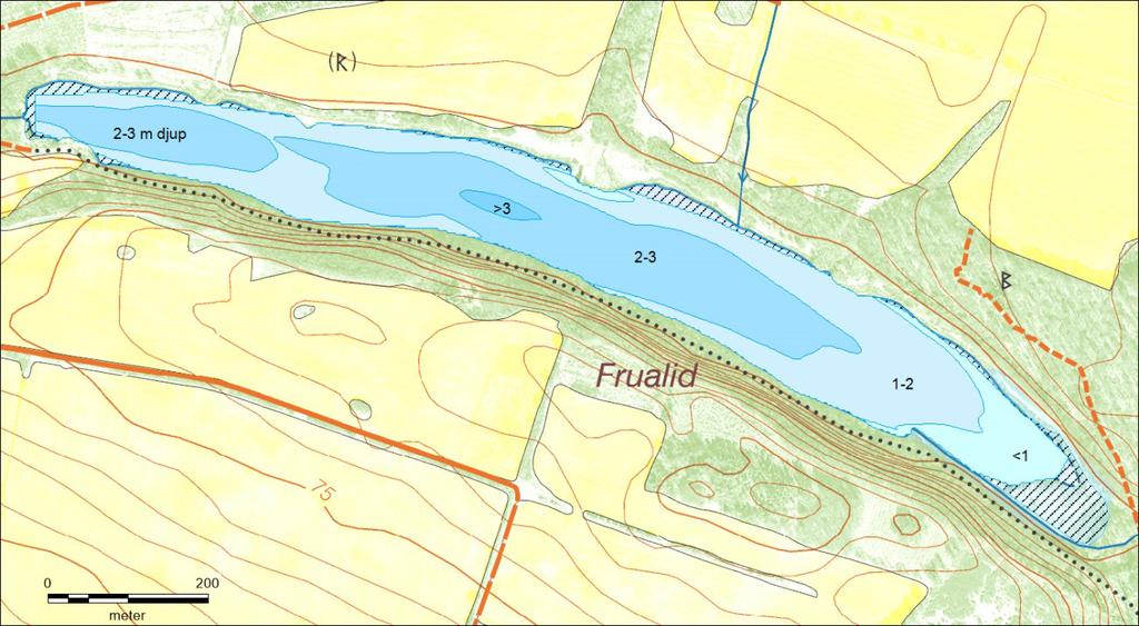 Undersökning av djupförhållanden och hydrologi Djupförhållanden Sjöns djup uppmättes i totalt 74 punkter utmed 14 transekter med ca 100 m mellanrum och på 5 punkter i var transekt.