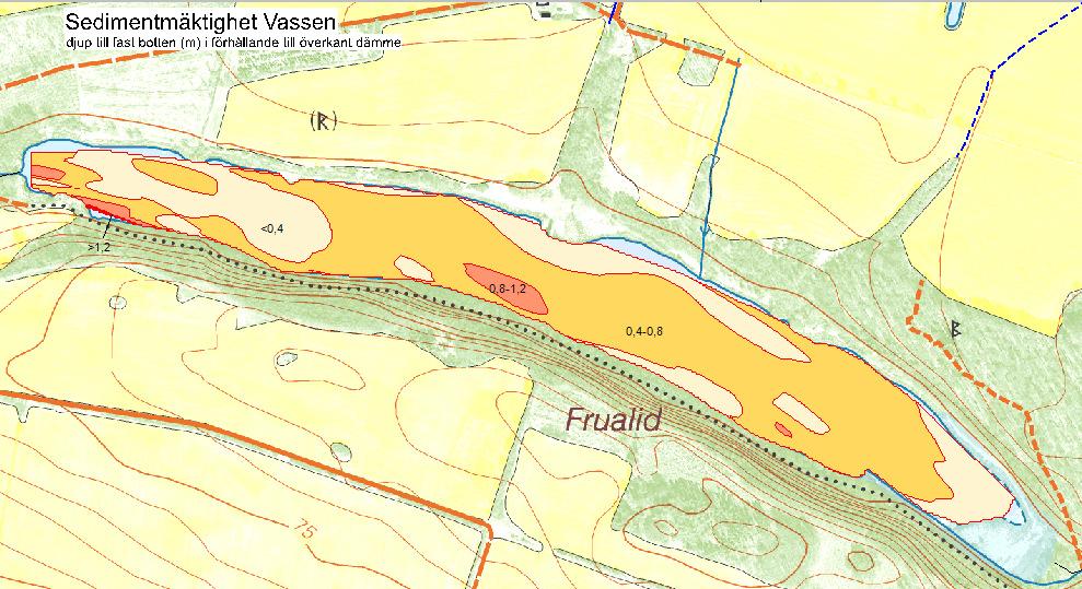 Restaurering av Vassen Undersökning av sediment Sedimentens utbredning Sedimentens mäktighet mättes i samband med djupmätning genom att mäta in nivån från vattenytan ned till mjukbotten respektive