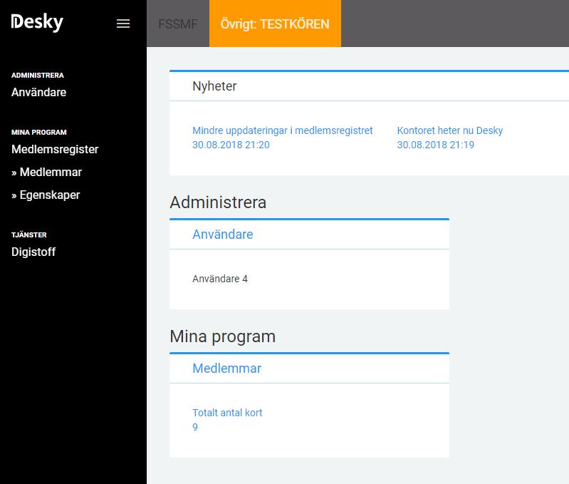 Finlands Svenska sida: 2 MEDLEMSREGISTRET Nyheter -> Visar ny information om systemet Desky Användare -> Visar ensemblens egna registeruppdaterare (Personuppgiftsansvarig och ev.