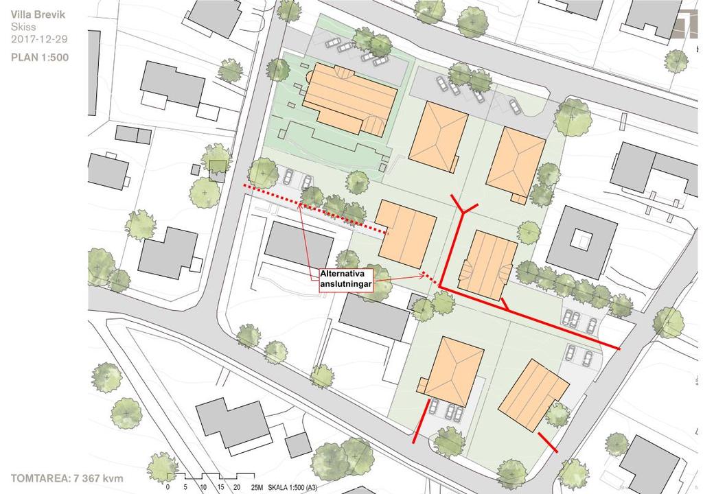 1. Berörda fastigheter bildar en samfällighet med gemensam anslutningspunkt mot kommunal ledning i Drömstigen (se Figur 14). 2.