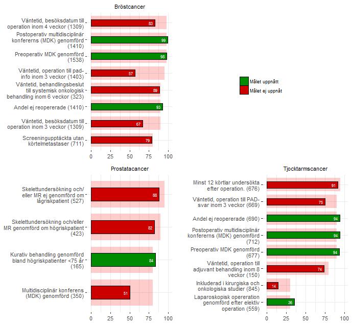 Exempel på kvalitetsuppföljning i norra regionen Avser bröst-, prostata-, tjocktarmscancer i hela norra regionen Målet nåddes för 7 av 20