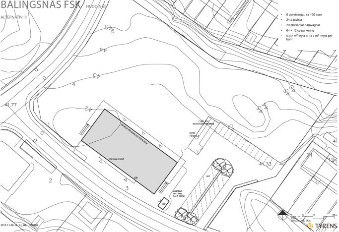 Alternativ 3 för den nya förskolans utformning. Buller En bullerutredning har gjorts med utgångspunkt i Naturvårdsverkets riktvärden för buller på skolgård från vägoch spårtrafik.