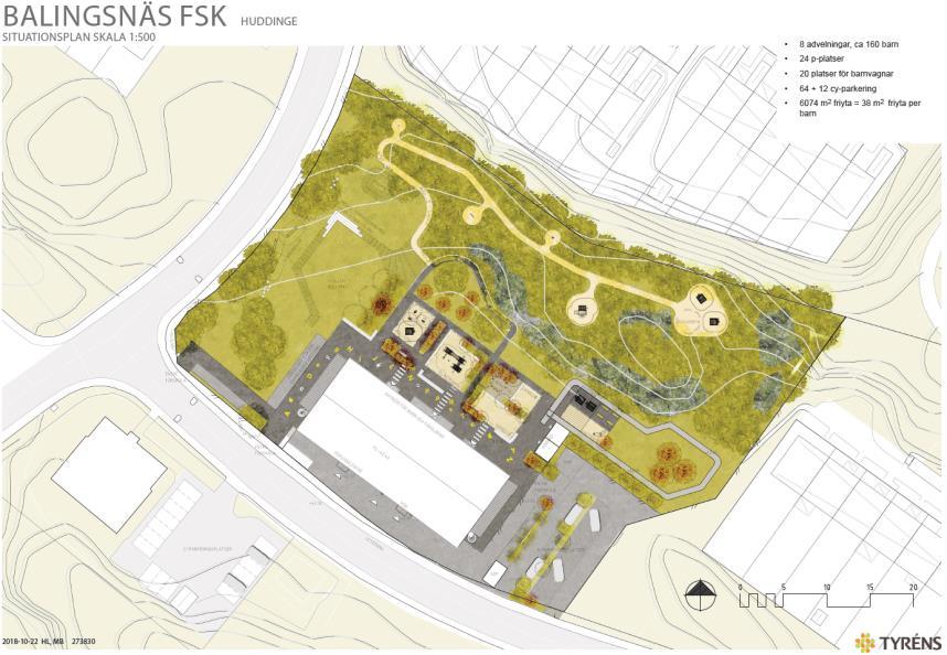 Uppdaterad situationsplan för förskolan I det nya förslaget sker leveranser på gatan och parkering samordnas med grannfastigheten Kiselstenen 1.