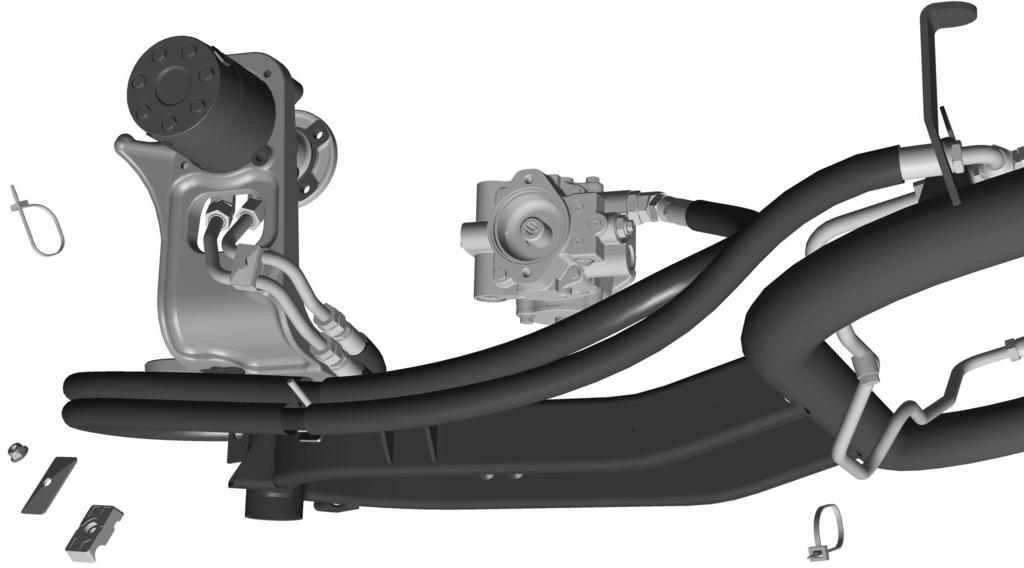 Figur 9 Bensinmotor. Kabelband. Skyddsplåt. Skruv 7. Hydraulpumpsmontering. Flänsmutter.