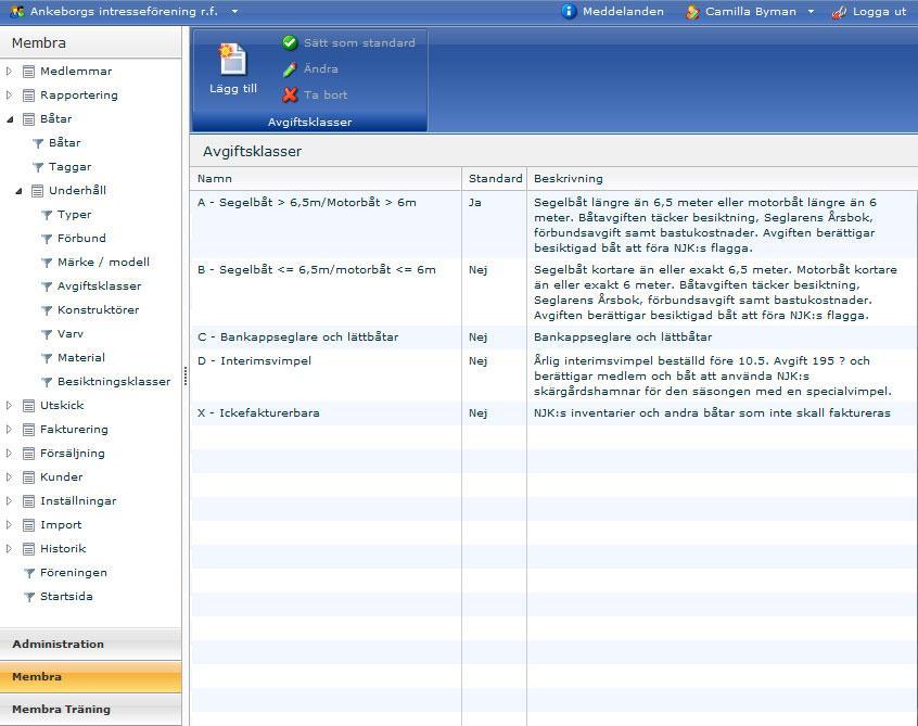 Figur 64 Båtunderhåll för avgiftsklasser Även här är det en bra hjälp på vägen att fylla i reglerna för de olika avgiftsklasserna i beskrivningsfältet.