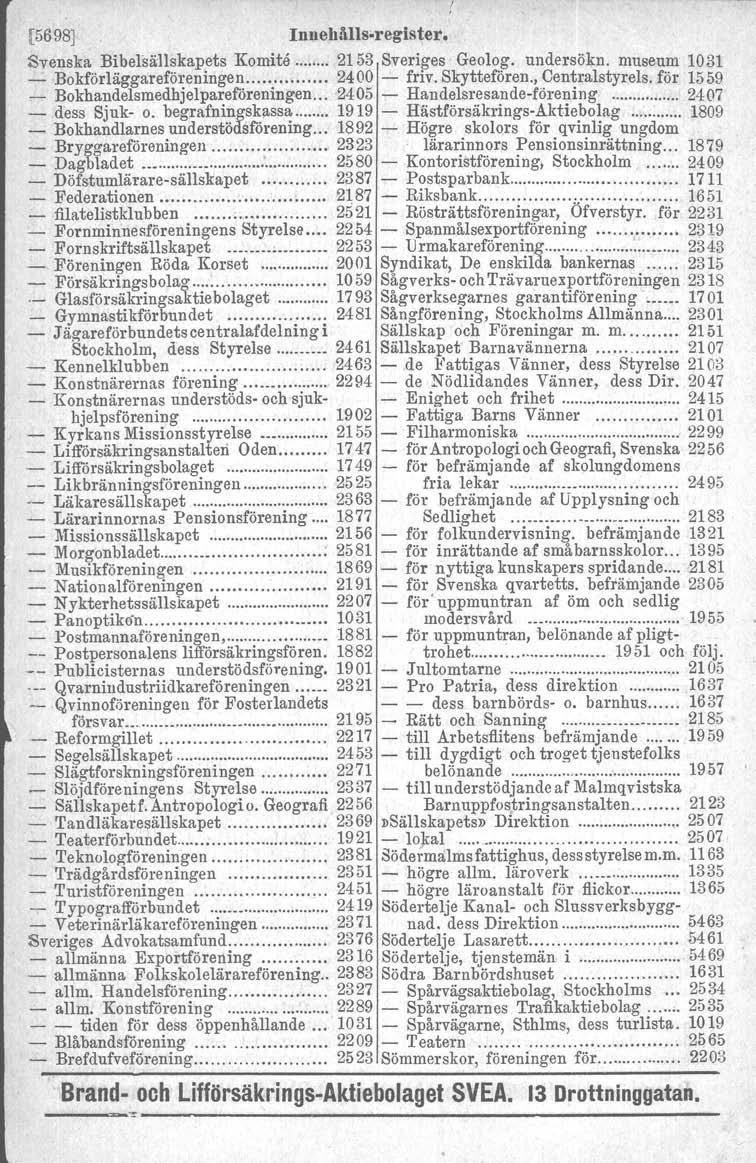 o Qvarnilldustriidkareföreningen [5698J Innehålls-register. Svenska Bibelsällskapets Kornits 2153 Sveriges Geolog. undersökn. museum 1031 - Bokförläggareföreningen 2400 - friv. Skyttefören.