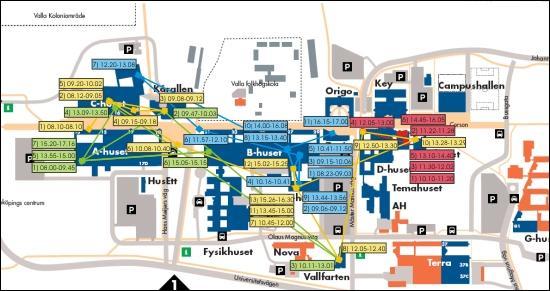 besöktes. Linjer drogs mellan punkterna för att illustrera förflyttning. Systemet bestod av en statisk bild, baserad på en karta över campusområdet Valla i Linköping.