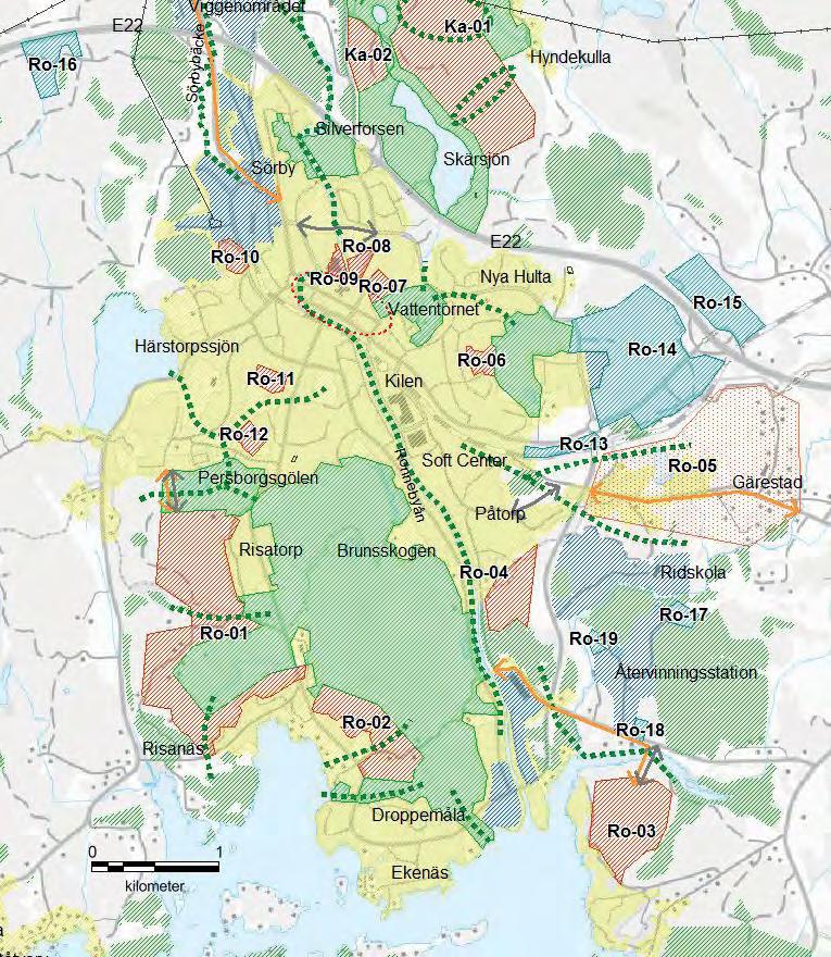 Ro 14 Nytt verksamhetsområde. Området ger möjlighet att utveckla befi ntligt verksamhetsområde västerut med goda anslutningsmöjligheter till väg E22 och på sikt ev. järnvägen.