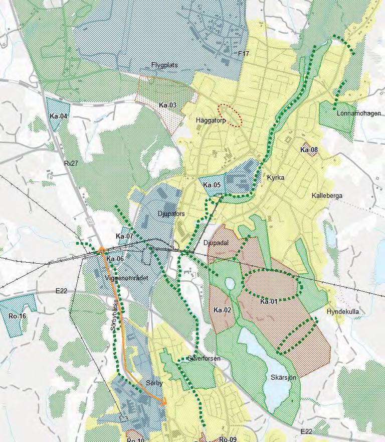 56 Ka-03 Utredningsområde för verksamhetsområde. Kommunen bedömer att området är mycket strategiskt för utveckling av en tågstation och ett logistikcenter för bland annat omlastning och lager.