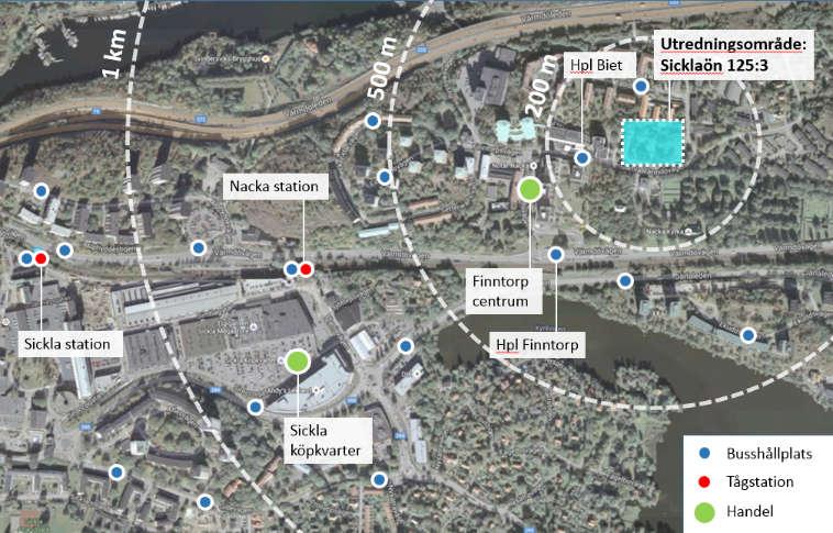 5 3. Förutsättningar för resor med andra färdmedel än egen bil Området där Sicklaön 125:3 är lokaliserad ligger centralt på västra Sicklaön med mycket goda kommunikationer till centrala Stockholm och