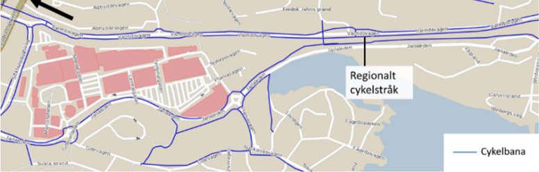 I direkt anslutning till Sicklaön 125:3 är det endast Kyrkstigen som har cykelbana och den leder i riktning bort från centrum. Figur 3-2 Cykelbanor i närområdet.