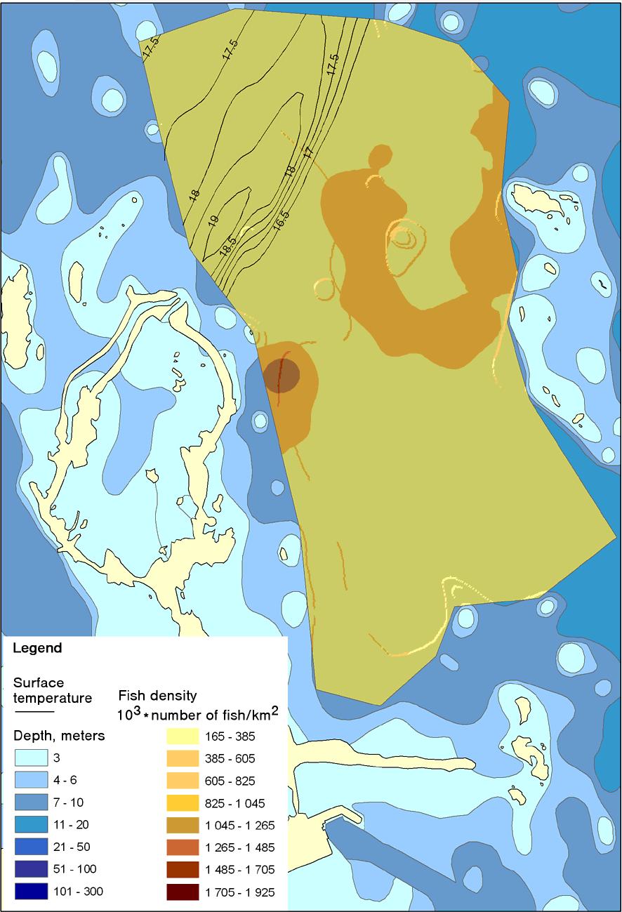 21:2 Figur 23. Exempel på täthet av fisk (tusental per km 2 ) och ytvattentemperatur vid Forsmark 8 september 23.