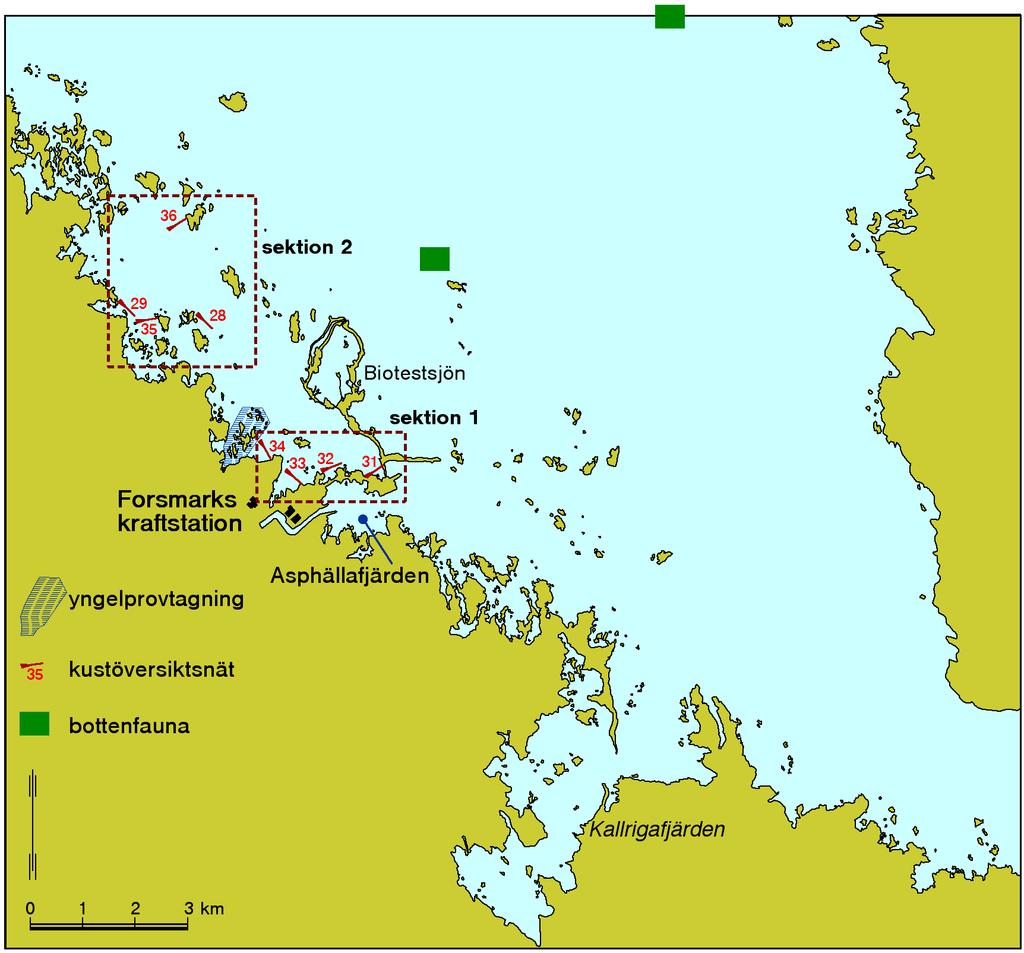 21:2 Figur 2. Område för yngelprovtagning i Forsmark och stationer för kustöversiktsnät och bottenfauna.