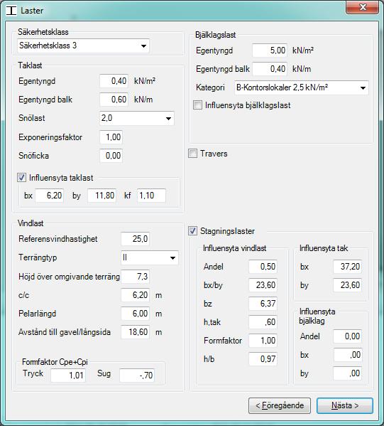 caeec502 Pelare trä Sidan 13(21) 2.2.2 Laster I detta skede skall indata gällande Laster anges. Se Figur 9 Figur 9. Laster Säkerhetsklass Används vid beräkning av lastfaktorerna.