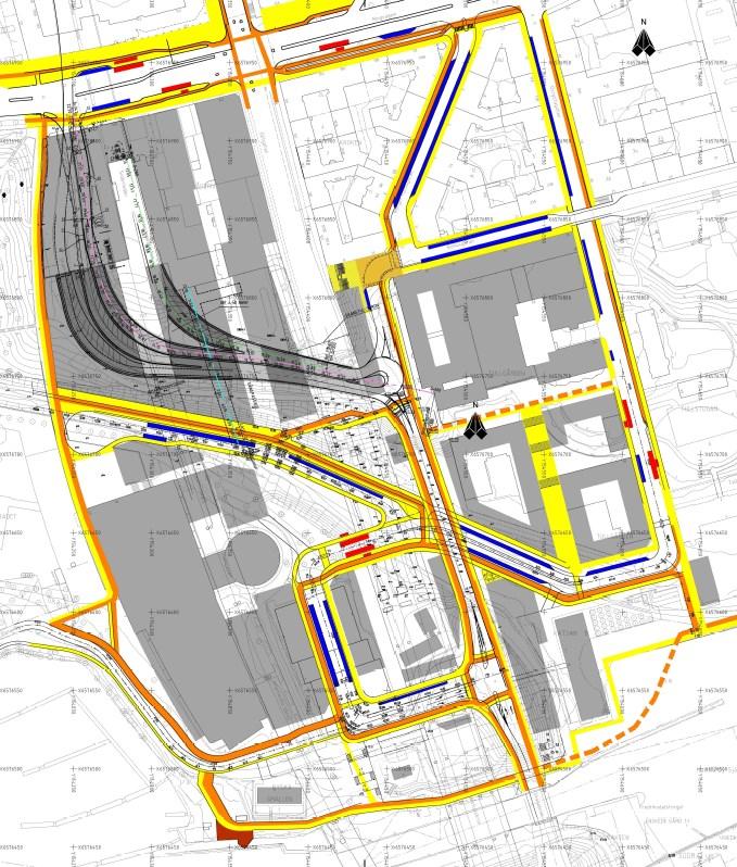 Sida 6 (13) Översiktsplan från Trafikutredningen (Gult: Gång, Orange: Cykel, Rött: Busshållplatser, Blått: Angöring/parkering) Gång och cykel Det nord-sydliga gång- och cykelstråket utmed badhusbron,