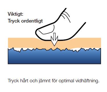 Förutsättningarna för säker vidäftning är ett torrt underlag fritt från damm, fett, olja oc annan smuts. Montera tejpen centrerat över skarven mellan takskiva oc dräneringslist.