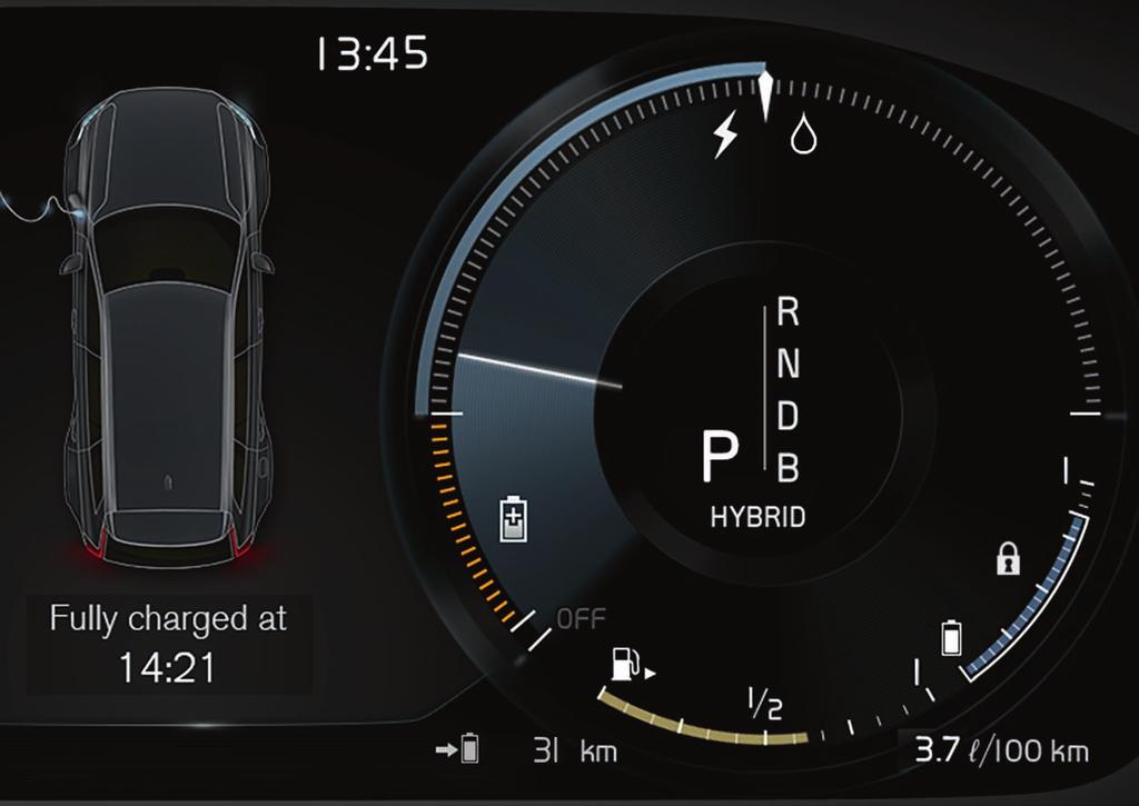 HYBRIDINFORMATION I FÖRARDISPLAYEN I förardisplayen visas ett antal symboler och animationer beroende på valt körläge. El- och bensinförbrukning visas i mätaren till höger.