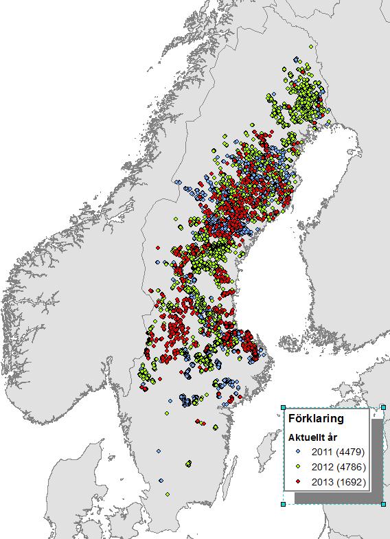 punkter i Figur 3. Notera att majoriteten av utförda gödslingsföretag utfördes i de mellersta och norra delarna av Sverige. Figur 3. Geografisk fördelning av gödslingsföretag i skogsmark mellan åren 2011 2013.