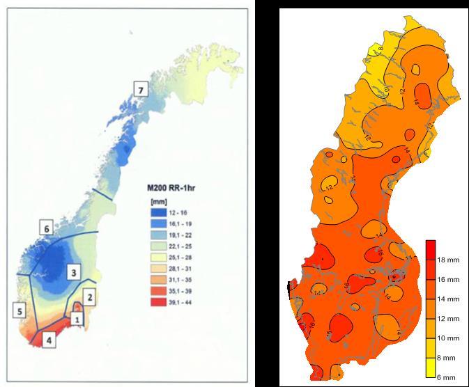 Värdena för Norge (Førland m.fl., 2015) är emellertid avsevärt lägre än för angränsande region i vår statistik. Figur 12 (Førland m.fl., 2015) visar Norges regioner där region 2 angränsar till vår region SV, region 3 och 6 till region M och region 7 till region N.