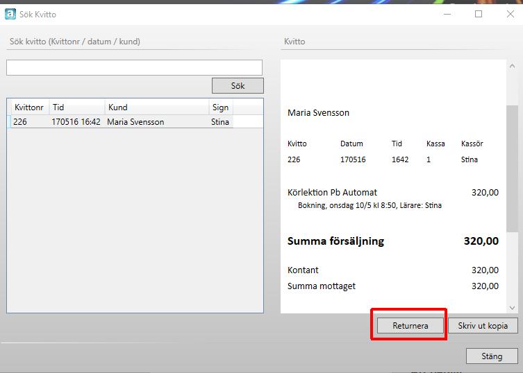 Klicka på knappen Sök (under Kvitto), så får man upp en dialogruta, där man kan söka på gamla kvitton. Man kan söka på kvittonr, datum eller kund (förnamn eller efternamn).
