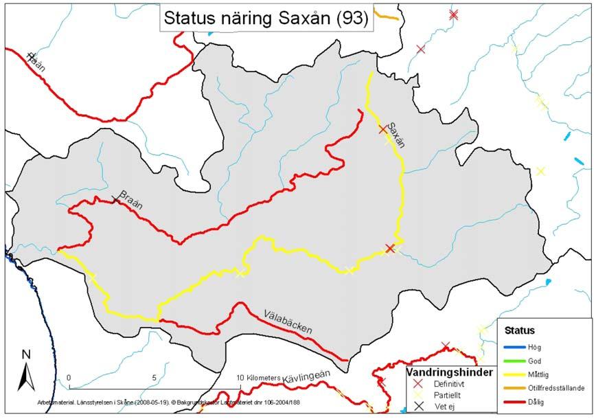 6(8) Från statusklassning av Saxån och Braån. (Blå tunna linjer ej bedömda.). Från http://gis.lst.se/vattenkartan. Information Hemsidan har uppdaterats.