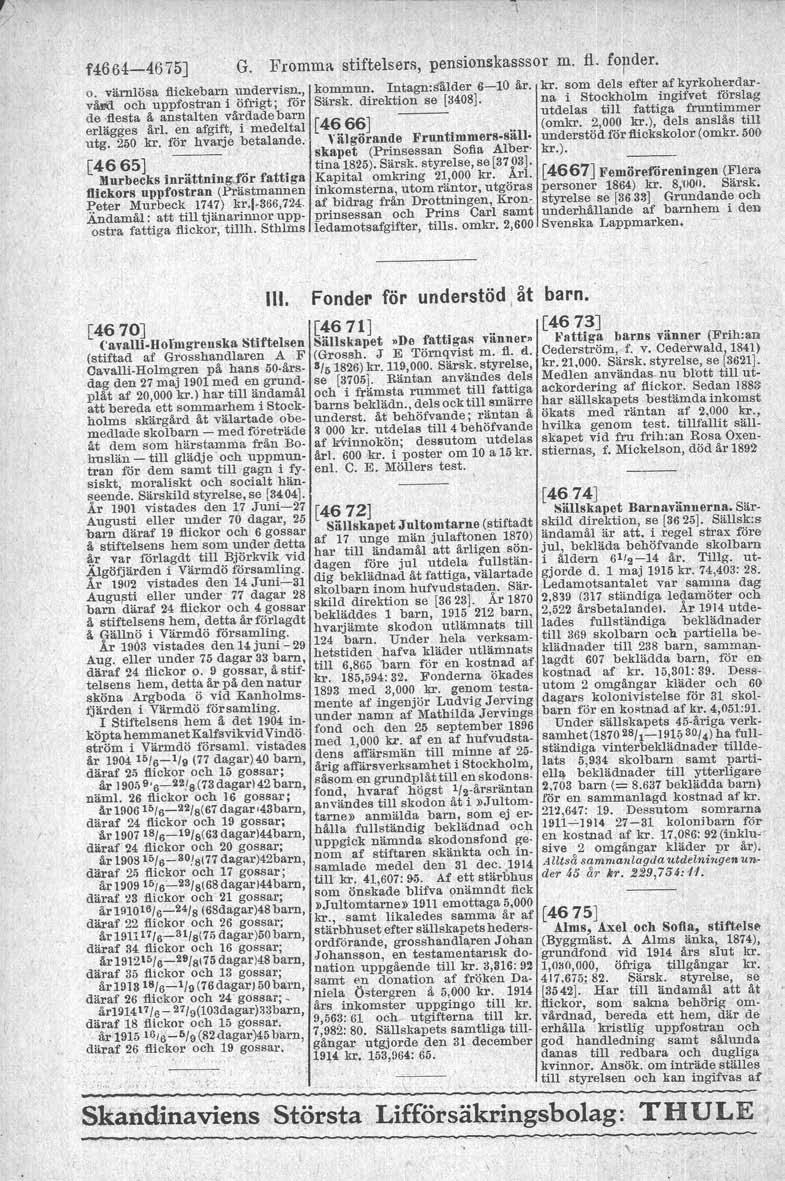 f4664-4675] G. Fromma stiftelsers, pension~kasssor m. fl. forder. kommun. Intagn:sUder 6-10 år. kr. som dels efter af kyrkoherdar o. värnlösa :flickebarn undervisn., Särsk. direktion se [3408].