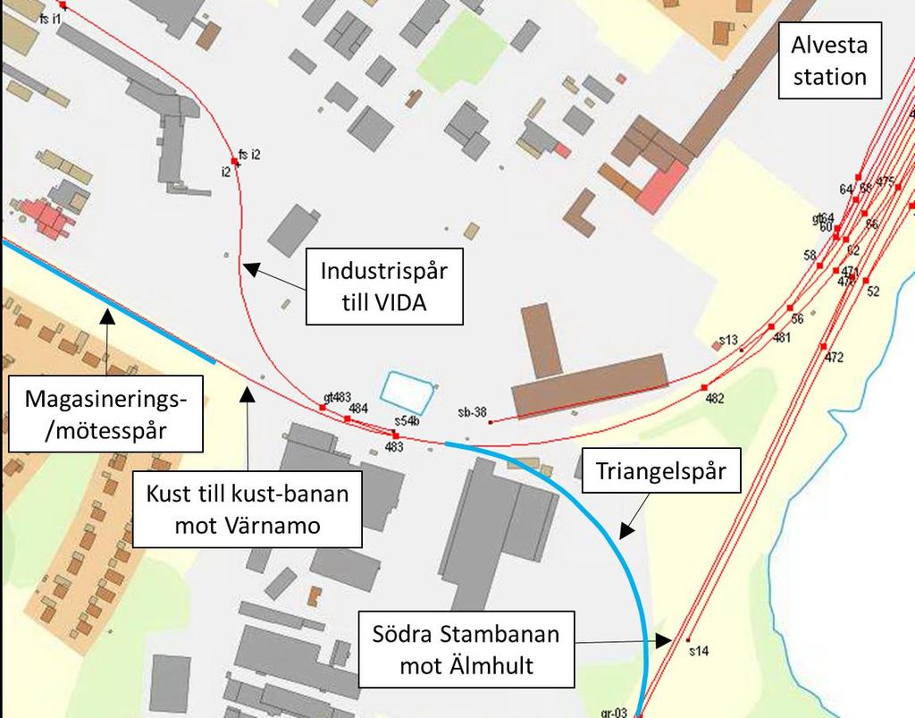 1.2 Kompletterande diagram, figurer eller kartbilder 1.3 Nuläge och brister Alvesta är beläget vid korsningen mellan Södra stambanan och Kust till kust-banan mellan Göteborg och Kalmar/Karlskrona.