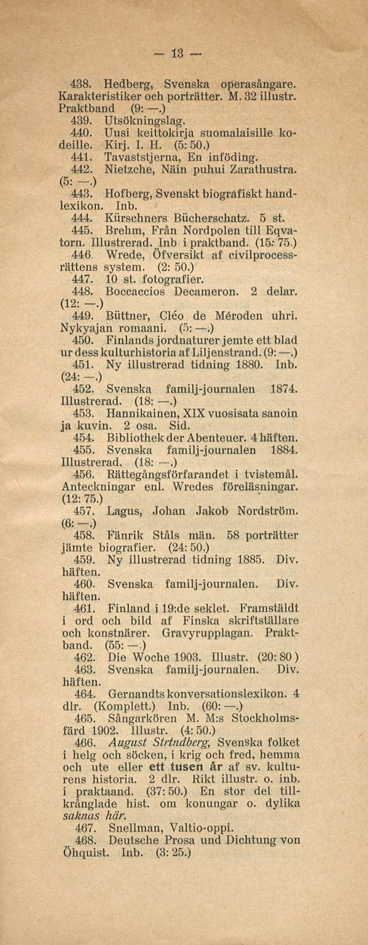 13 438. Hedberg, Svenska operasångare. Karakteristiker och porträtter. M. 32 illustr. Praktband (9:.) 439. Utsökningslag. 440. Uusi keittokirja suomalaisille kodeille. Kirj. I. H. (5:50.) 441.