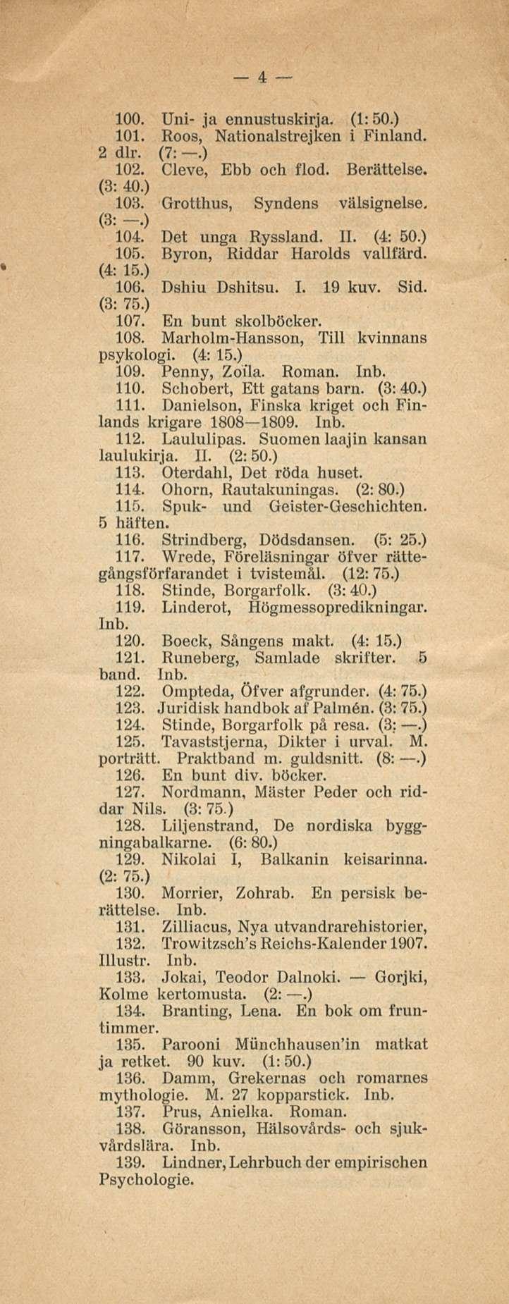 4 100. Uni- ja ennustuskirja. (1:50.) 101. Roos, Nationalstrejken i Finland. 2 dlr. (7:.) 102. Cleve, Ebb och flod. Berättelse. (3: 40.) 103. Grotthus, Syndens välsignelse. (3: -.) 104.