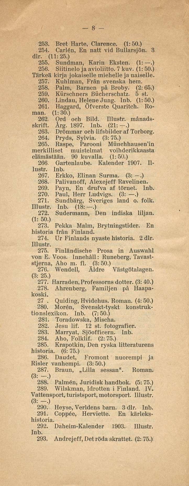 Quiding, 8 253. Bret Harte, Clarence. (1:50.) 254. Carlon, En natt vid Bullarsjön. 3 dlr. (11:25.) 255. Sundman, Karin Eksten. (1:.) 256. Siitinelo ja avioliitto. 7 kuv. (1: 50.