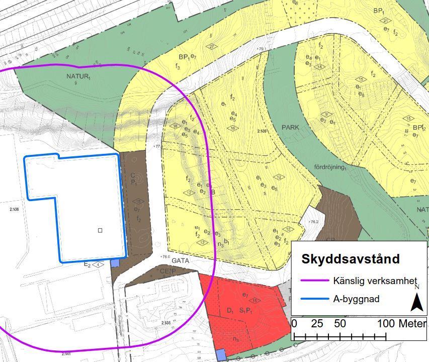 1. Figur 12. Preliminär plankarta, daterad 180821, med markerade skyddsavstånd 3 och 100 meter från Svenska retursystem (mätt från verksamhetens fasadgräns).