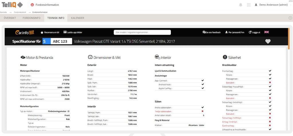 Teknisk info Även under fliken Teknisk info länkar vi till car.info. Här presenteras all information om fordonet som Car.info fått från Transportstyrelsen.