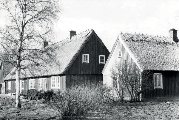 Jöns Jonsgården med nytt halmtak lagt av tacktäkare Alfred Larsson, Fleninge och Adolf Ågren, Helsingborg. Foto från 1950-talet i Folkrörelsearkivet. Kopia i Helsingborgs museer, Carlotta.