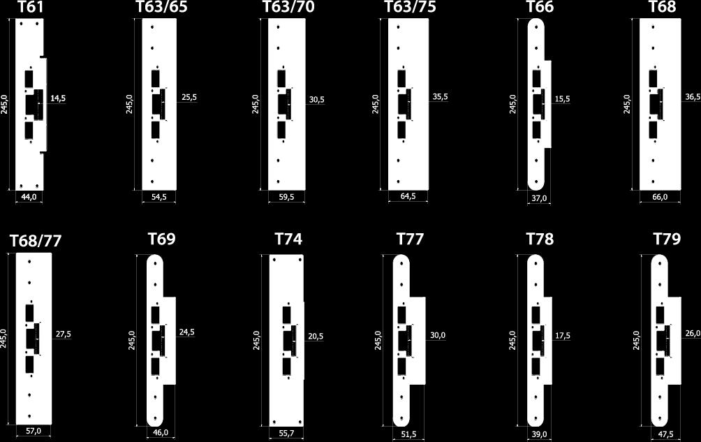 Montagestolpar T-serien Vinklad montagestolpe T61 Bl.a. För Janens-profil Economy 60 Samma urtag som SA63 & SB611 Plan montagestolpe T63/65 Bl.a. För Schüco-profil ADS65 Samma urtag som SA61/65 & SB631/65 Plan montagestolpe T63/70 Bl.